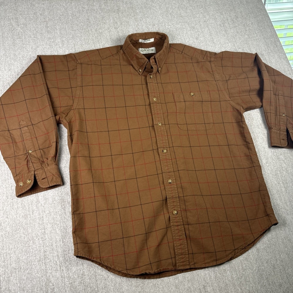 Orvis Shirt Men Size LG Oxford Brown Plaid Long Sleeve 100% Cotton Classic‎